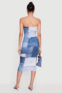 Denim Patch Patterned Midi Tube Dress