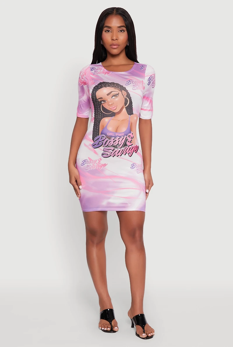 Womens Bossy and Savage Graphic T Shirt Dress, Pink,