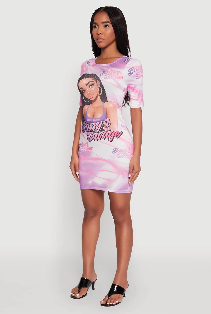 Womens Bossy and Savage Graphic T Shirt Dress, Pink,