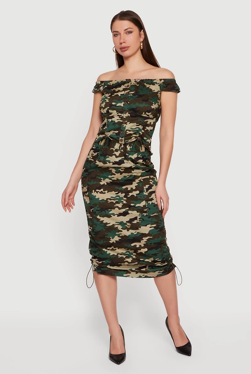 Drawstring High Waisted Camo Pencil Skirt