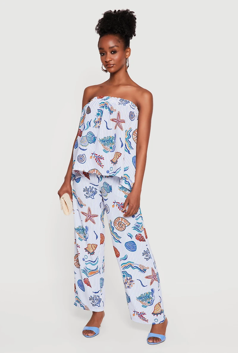 Striped Seashell Graphic Tube Top and Wide Leg Casual Pants
