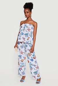 Striped Seashell Graphic Tube Top and Wide Leg Casual Pants