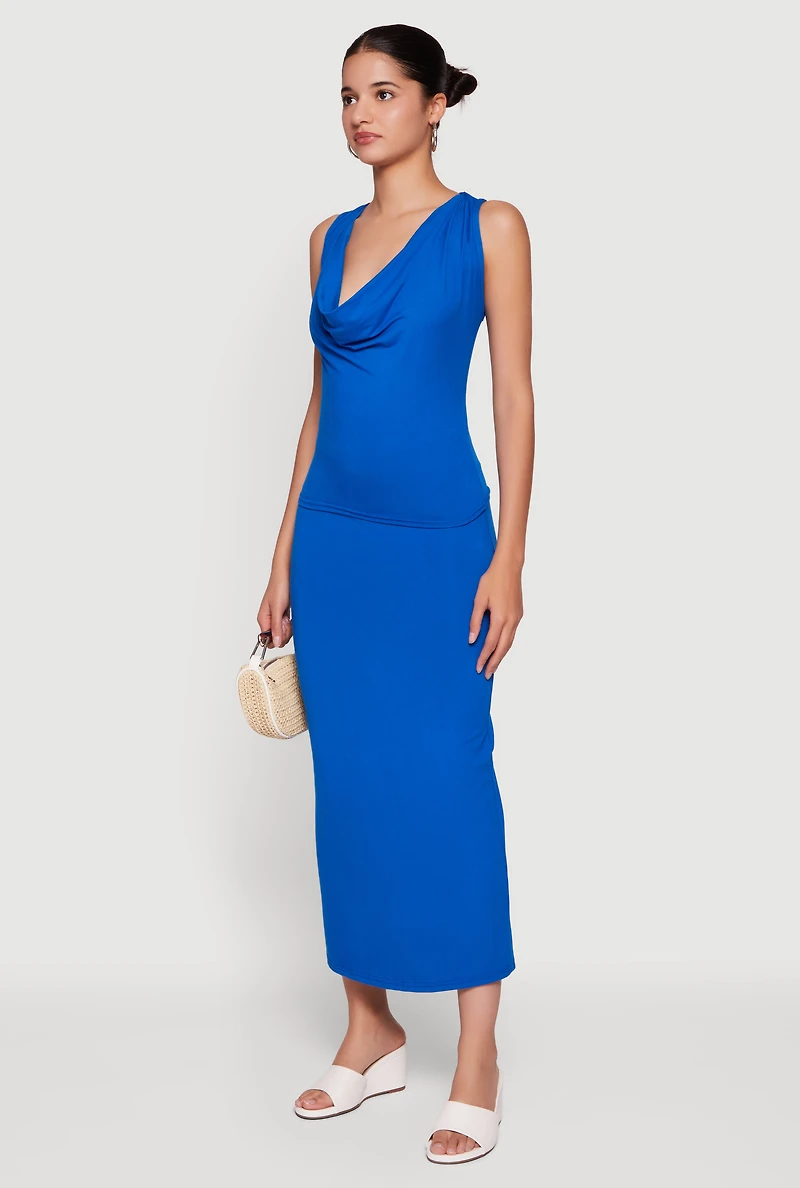 Sleeveless Cowl Neck Blouse and Midi Skirt Set