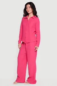 Solid Button Front Gauze Knit Shirt and Pants Set
