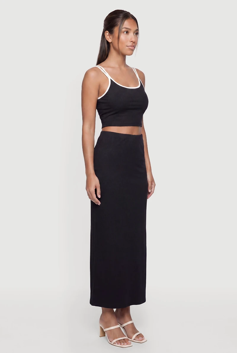 Contrast Trim Double Strap Crop Top and Side Slit Skirt
