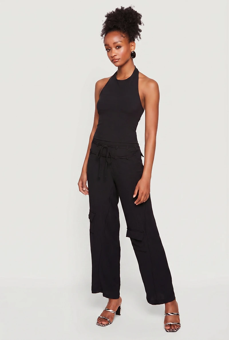 Cropped Halter Top and Tie Front Detail Pull On Pants
