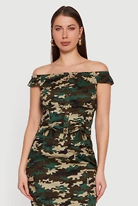 Camo Off The Shoulder Button Front Blouse