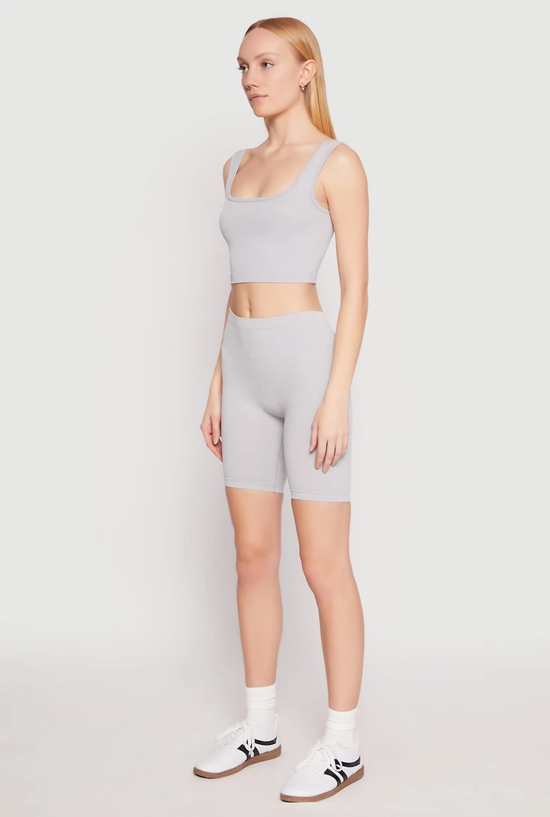 Womens Seamless Ribbed Knit Tank Top and Biker Shorts, Grey, Size S-M