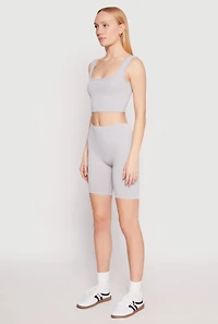 Womens Seamless Ribbed Knit Tank Top and Biker Shorts, Grey, Size S-M