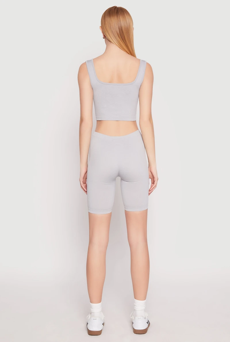 Womens Seamless Ribbed Knit Tank Top and Biker Shorts, Grey, Size S-M