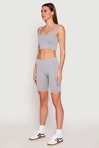 Womens Seamless Ribbed Knit Tank Top and Biker Shorts, Grey, Size L-XL