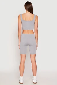 Womens Seamless Ribbed Knit Tank Top and Biker Shorts, Grey, Size L-XL