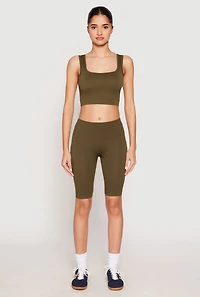 Womens Seamless Ribbed Knit Tank Top and Biker Shorts, Green, Size L-XL