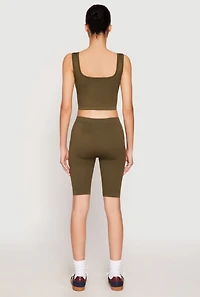 Womens Seamless Ribbed Knit Tank Top and Biker Shorts, Green, Size L-XL