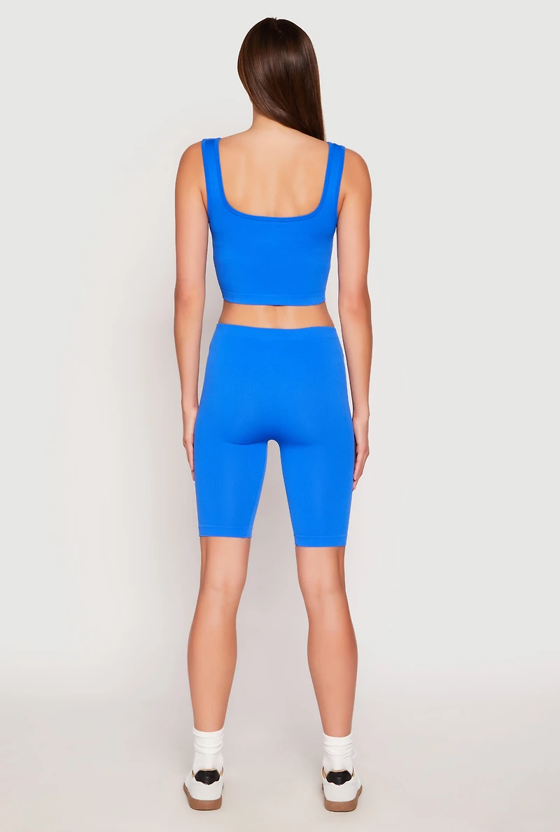 Womens Seamless Ribbed Knit Tank Top and Biker Shorts,