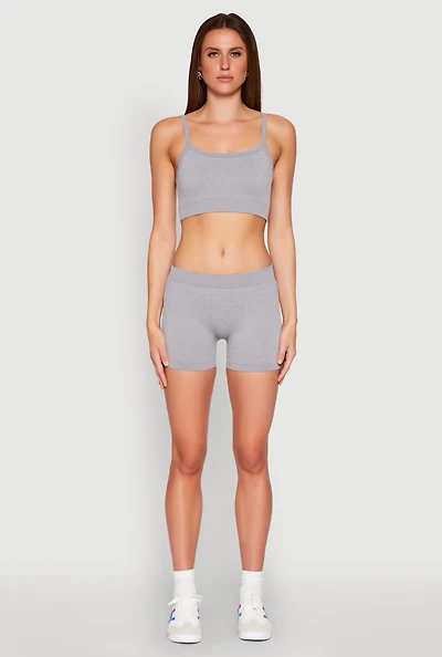 Womens Rib Knit Crop Top and Biker Shorts, Grey, Size S-M