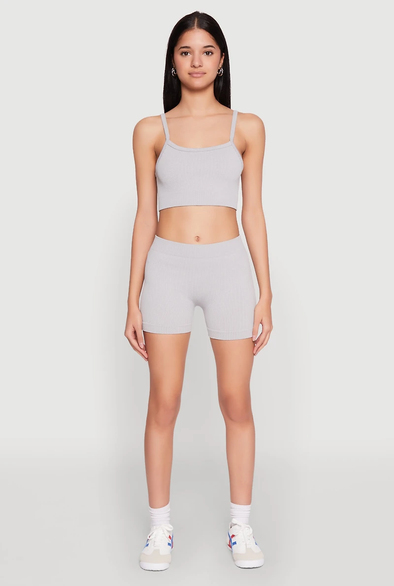 Womens Seamless Cropped Cami and Shorts Set, Grey, Size S-M