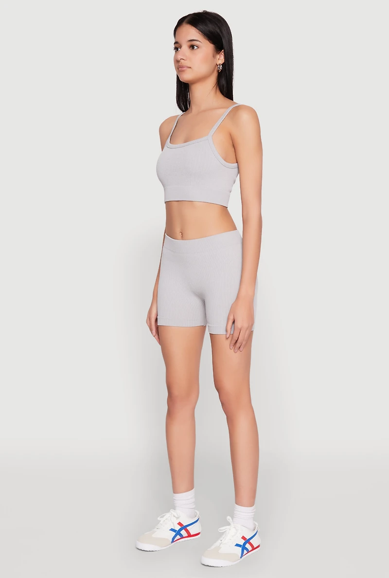 Womens Seamless Cropped Cami and Shorts Set, Grey, Size S-M