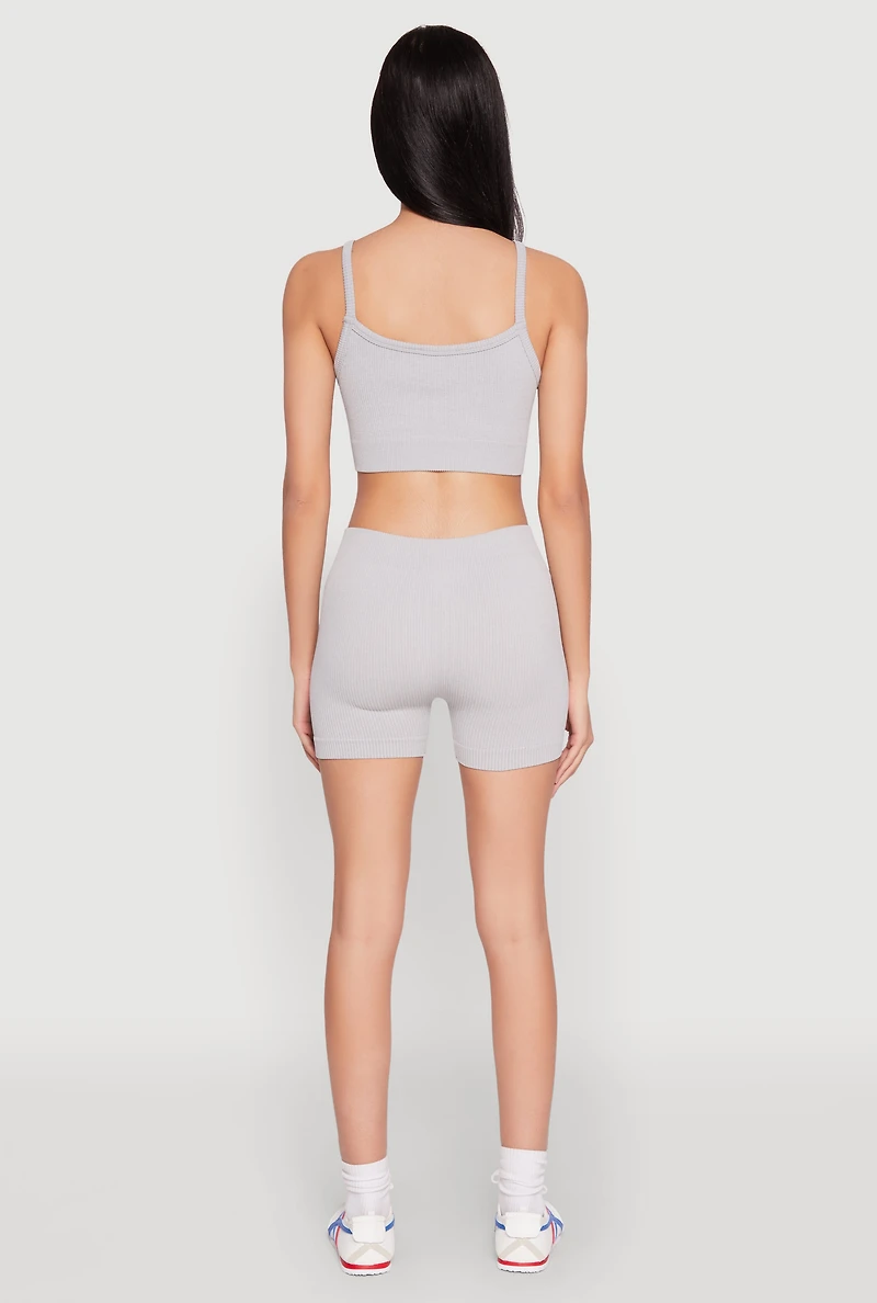 Womens Seamless Cropped Cami and Shorts Set, Grey, Size S-M