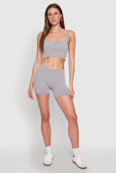 Womens Seamless Cropped Cami and Shorts Set, Grey, Size S-M