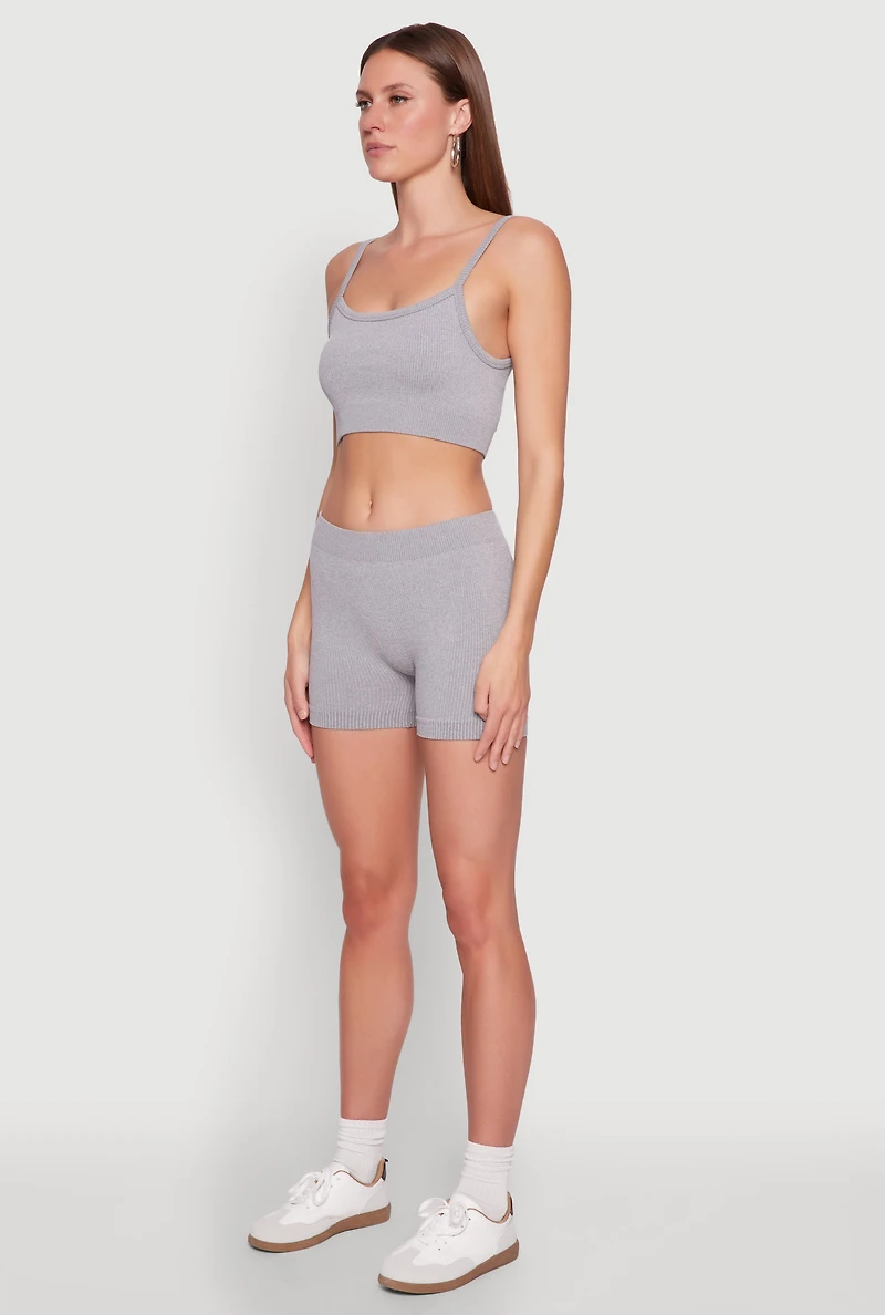 Womens Seamless Cropped Cami and Shorts Set, Grey, Size L-XL