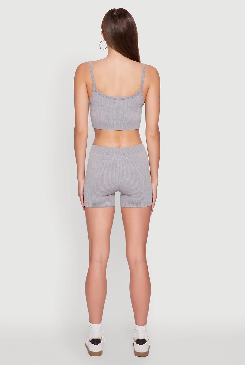 Womens Seamless Cropped Cami and Shorts Set, Grey, Size L-XL