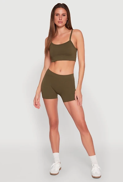 Womens Seamless Cropped Cami and Shorts Set, Green, Size L-XL