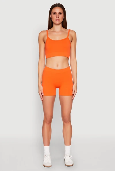 Womens Seamless Cropped Cami and Shorts Set, Orange,