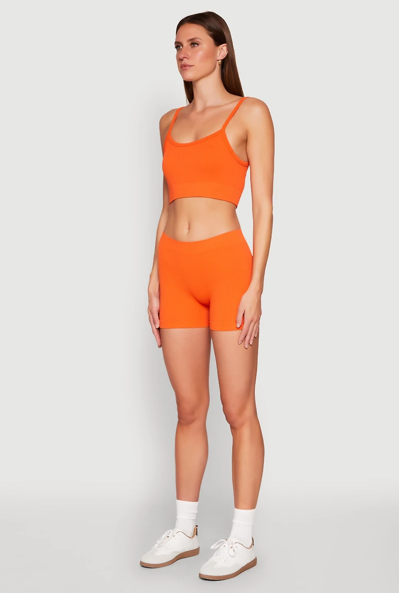 Womens Seamless Cropped Cami and Shorts Set, Orange,