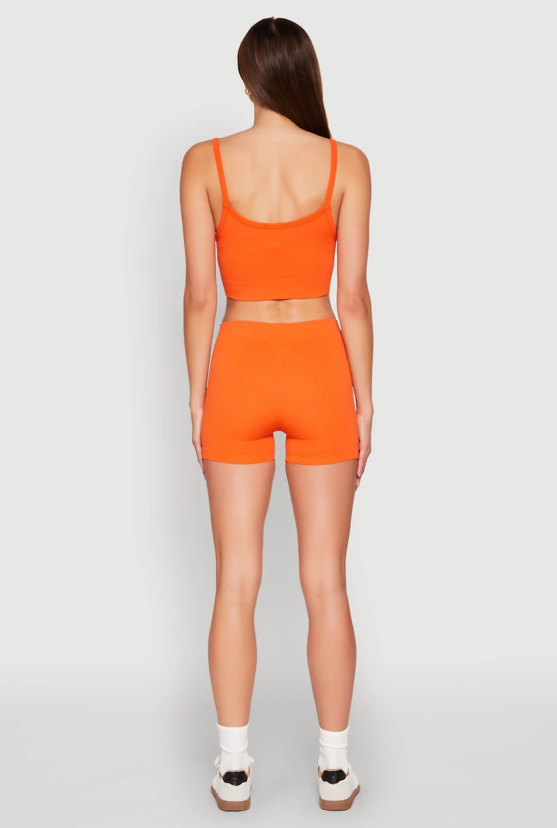 Womens Seamless Cropped Cami and Shorts Set, Orange,