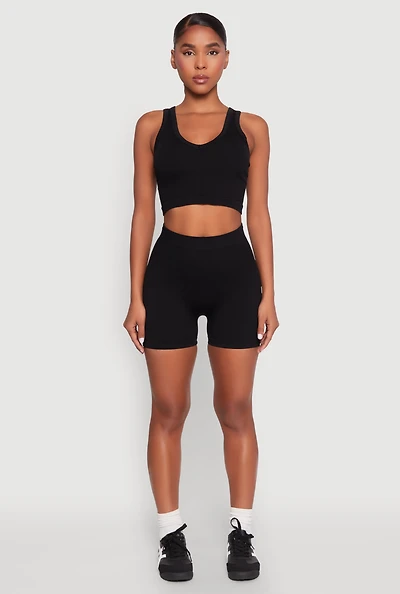 Womens Seamless V Neck Cropped Tank Top and Shorts,