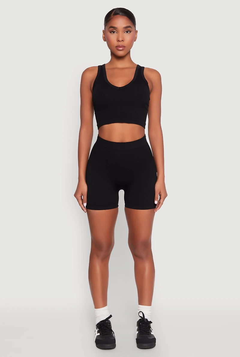 Womens Seamless V Neck Cropped Tank Top and Shorts,