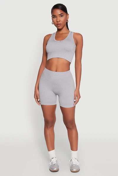 Womens Seamless V Neck Cropped Tank Top and Shorts, Grey, Size M