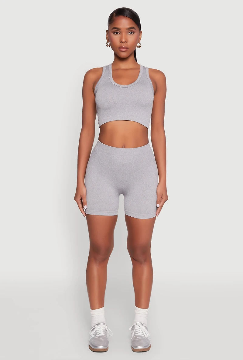 Womens Seamless V Neck Cropped Tank Top and Shorts, Grey, Size M