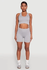 Womens Seamless V Neck Cropped Tank Top and Shorts, Grey, Size M