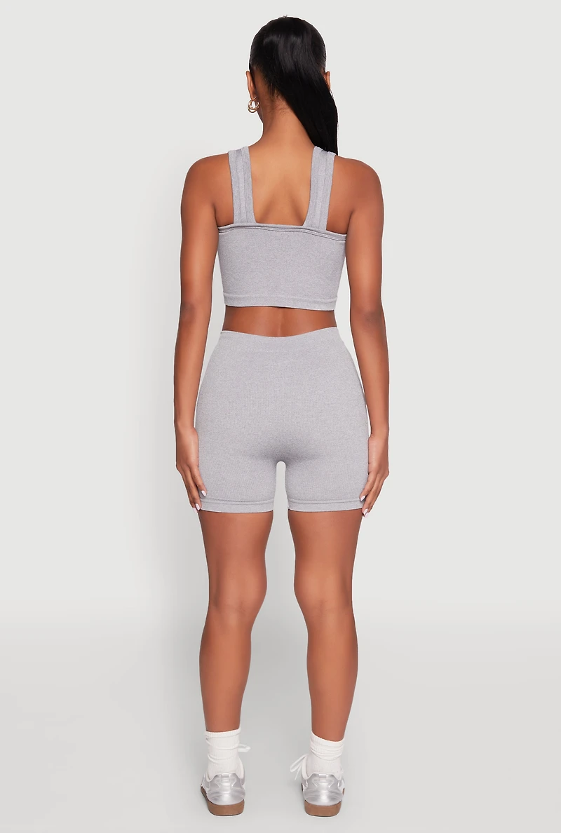 Womens Seamless V Neck Cropped Tank Top and Shorts, Grey, Size M