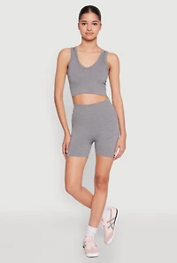 Womens Seamless V Neck Cropped Tank Top and Shorts, Grey,