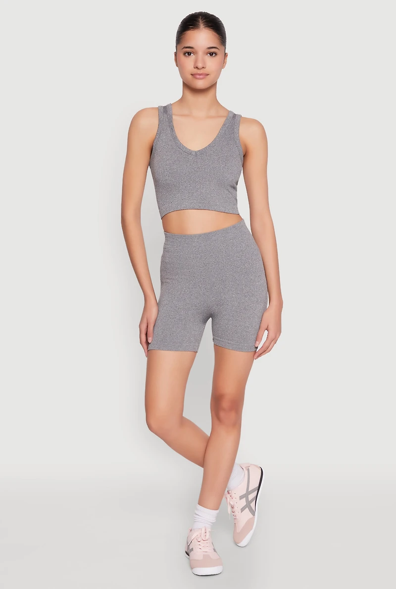 Womens Seamless V Neck Cropped Tank Top and Shorts, Grey, Size XL