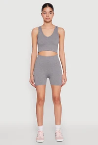 Womens Seamless V Neck Cropped Tank Top and Shorts, Grey,