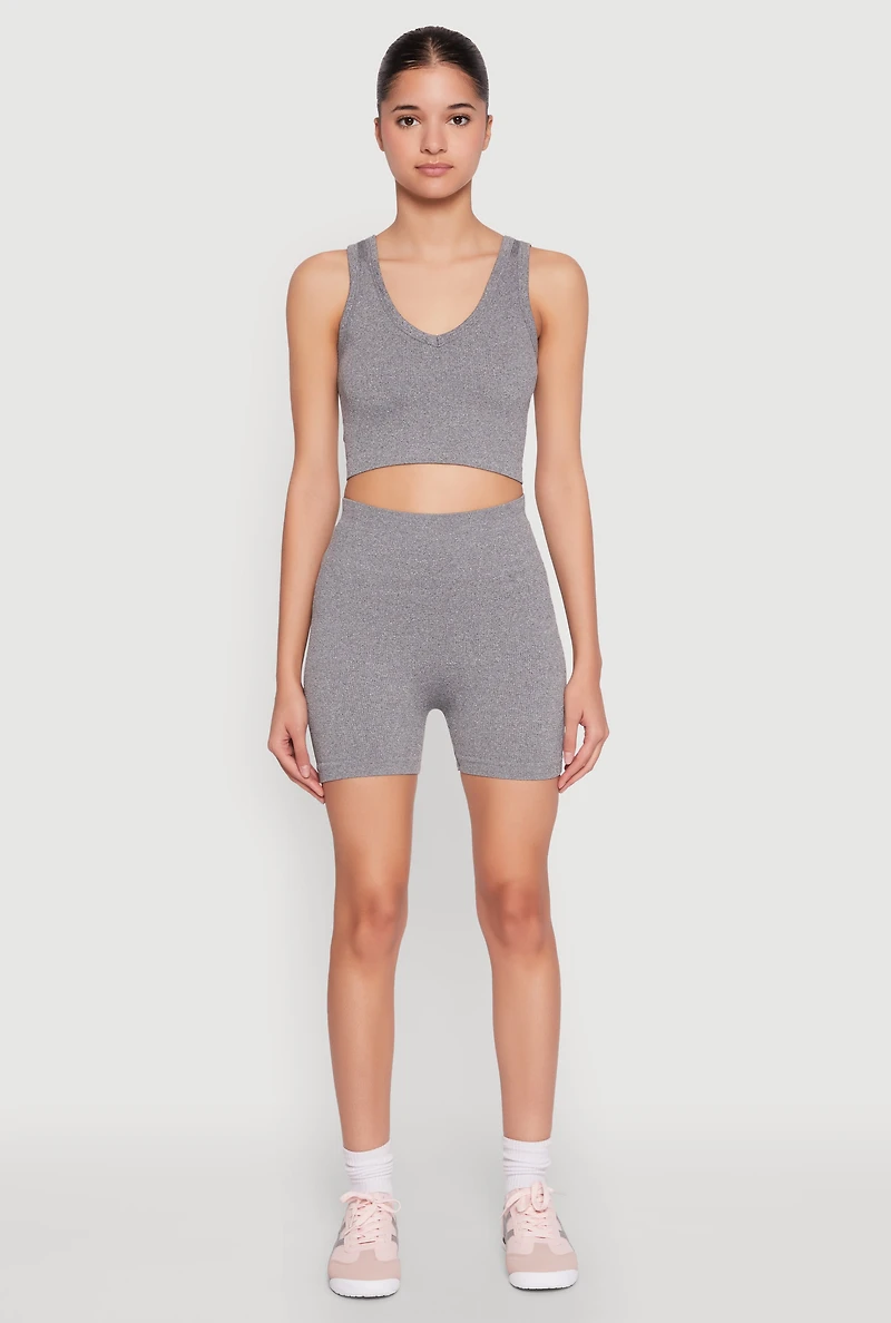 Womens Seamless V Neck Cropped Tank Top and Shorts, Grey, Size XL