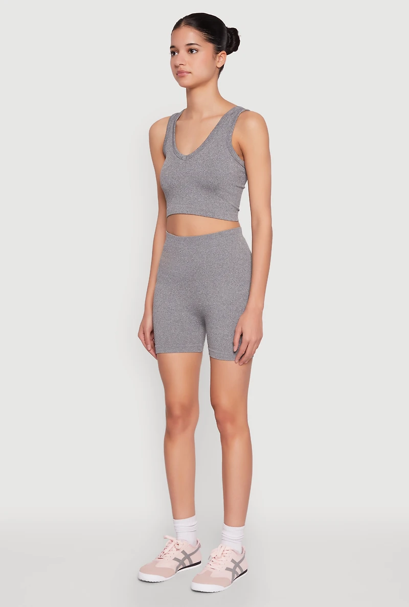 Womens Seamless V Neck Cropped Tank Top and Shorts, Grey,