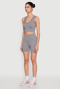 Womens Seamless V Neck Cropped Tank Top and Shorts, Grey, Size XL