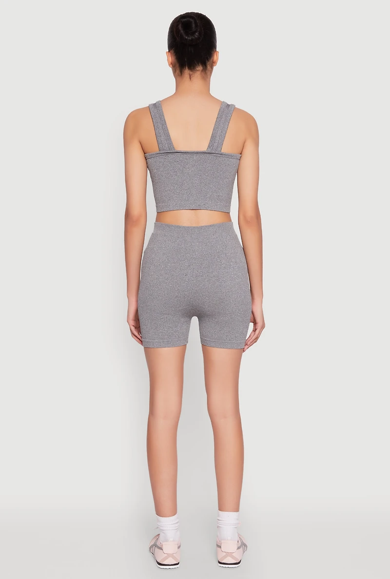 Womens Seamless V Neck Cropped Tank Top and Shorts, Grey, Size XL