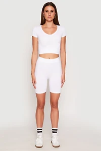Womens Seamless Ribbed Knit Crop Top and Biker Shorts, White, Size L