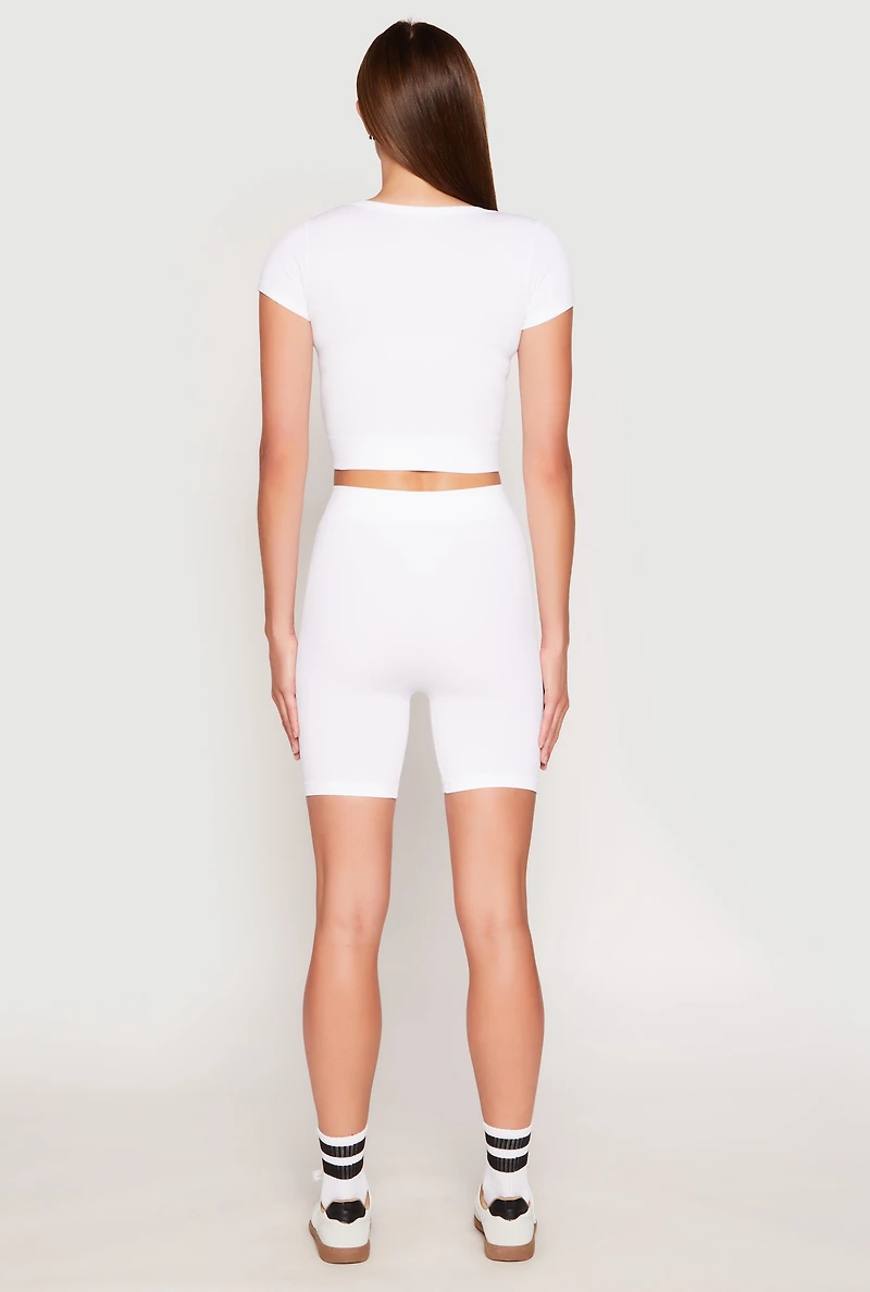 Womens Seamless Ribbed Knit Crop Top and Biker Shorts, White, Size L