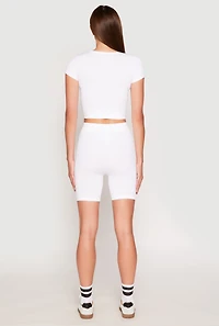 Womens Seamless Ribbed Knit Crop Top and Biker Shorts, White, Size L