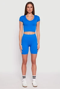 Womens Seamless Ribbed Knit Crop Top and Biker Shorts, Blue, Size S