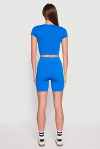 Womens Seamless Ribbed Knit Crop Top and Biker Shorts, Blue,