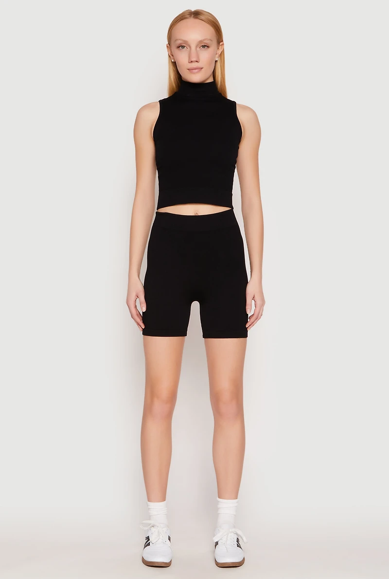 Womens Seamless Rib Knit Mock Neck Tank Top and Biker Shorts, Black, Size L