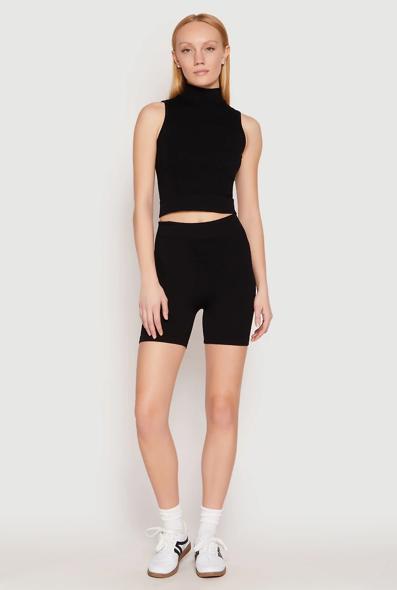Womens Seamless Rib Knit Mock Neck Tank Top and Biker Shorts, L